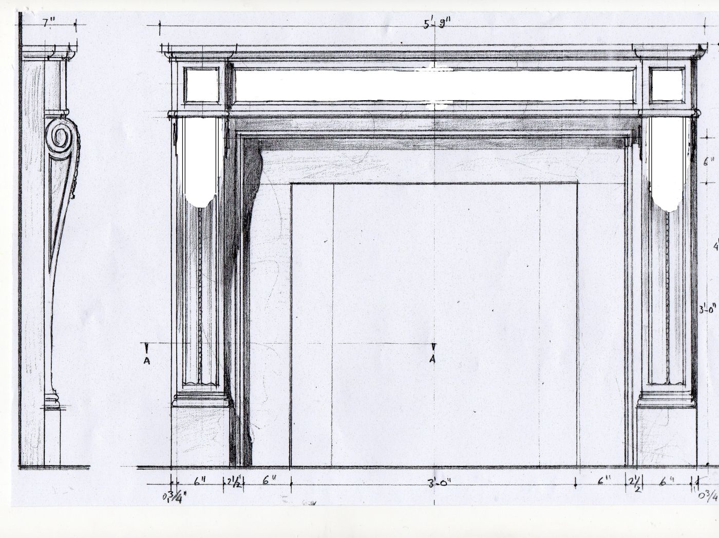 Architectural drawing of a custom marble fireplace mantel, Studio Giannoni Pietrasanta