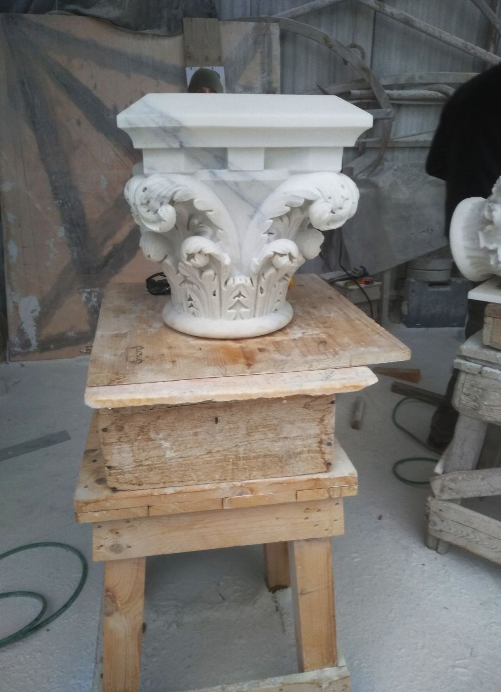 orinthian marble capital ready for hand-finishing, Studio Giannoni Pietrasanta workshop