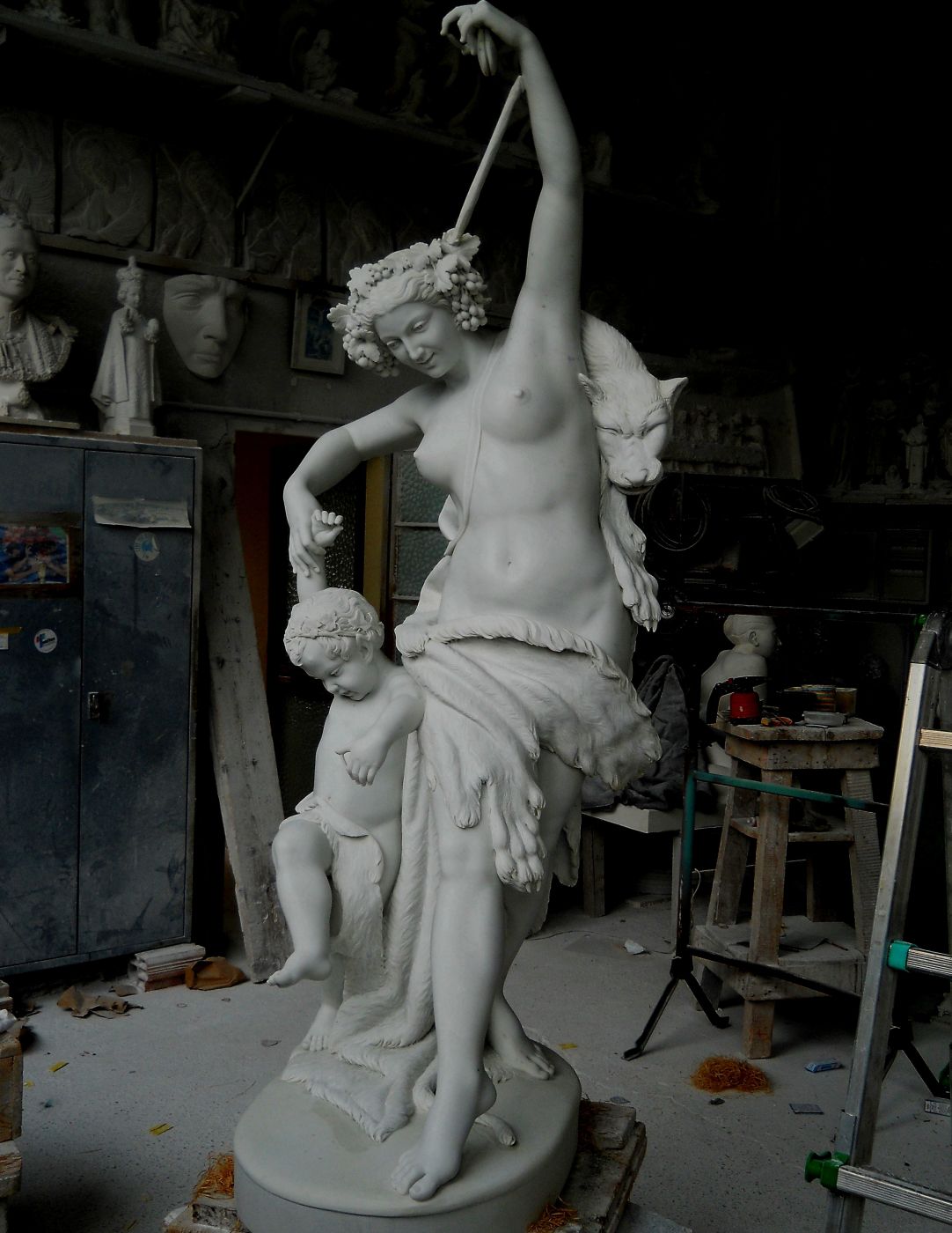 Carrara marble Bacchante and Putto, after Odoardo Fantacchiotti, hand-finished at Studio Giannoni, Pietrasanta