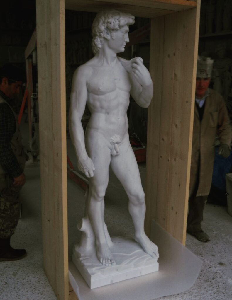 Marble reproduction of Michelangelo's David being crated for shipment at Studio Giannoni, Pietrasanta